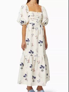 Self-Portrait White Maxi Dress with Blue and Pink Floral Print